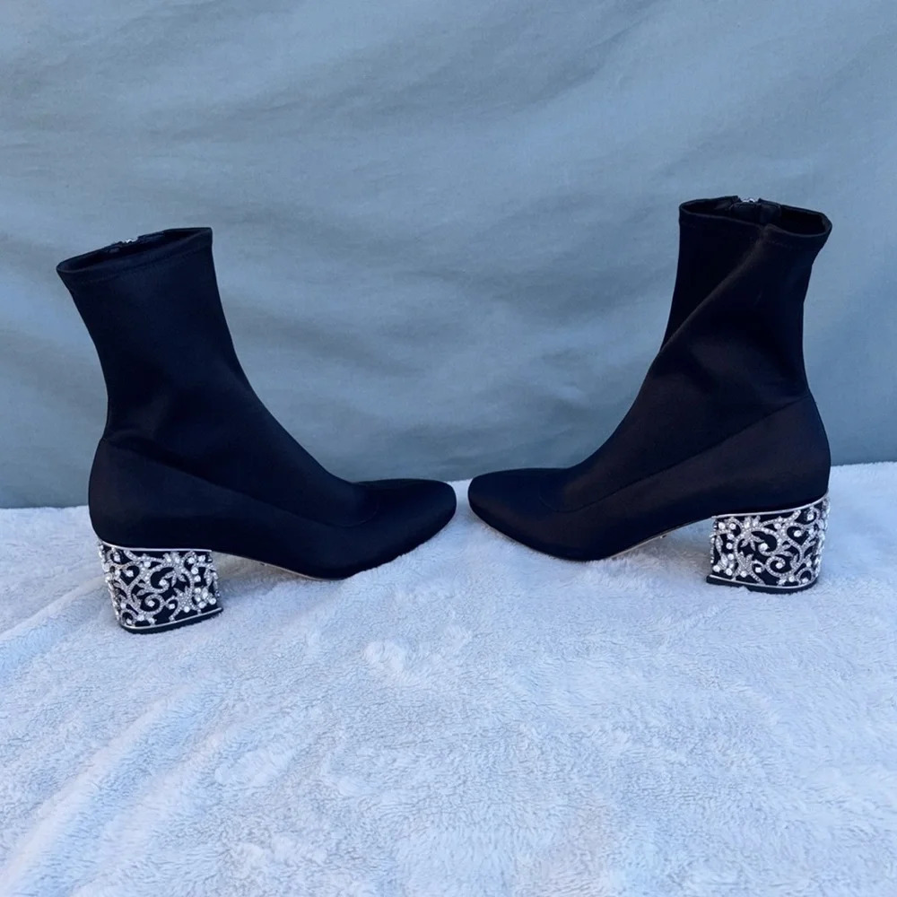 EUC Badgley Mischka Womens Size 8 Martine Satin Block Heel Sock Boot Rhinestones - Picture 3 of 9